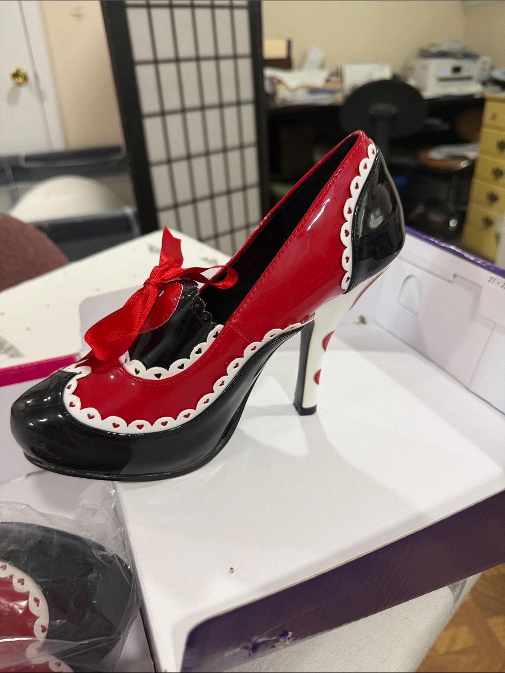 Red and Black Heart-Trim High Heel Pump with Ribbon Accent